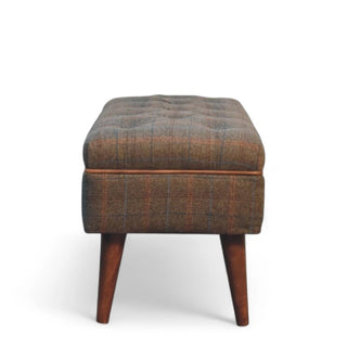 Mid-Century Modern Tweed Upholstered Bench with Leather Piping