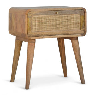 Mid-Century Solid Wood Nightstand | Woven Rattan Drawer