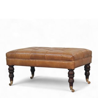California Walnut Buffalo Green Leather Ottoman with Castor Legs