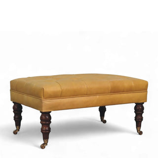 Honey Caramel Buffalo Black Leather Ottoman with Castor Legs