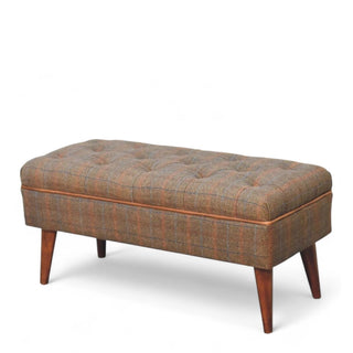 Mid-Century Modern Tweed Upholstered Bench with Leather Piping