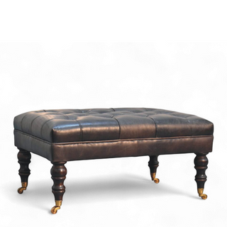 Buffalo Ash Black Leather Ottoman with Castor Legs