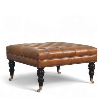 Studded Buffalo Tan Leather Ottoman with Castor Legs