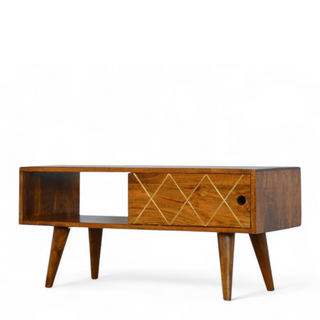 Sliding Brass Inlay Media Console | Solid Mango Wood