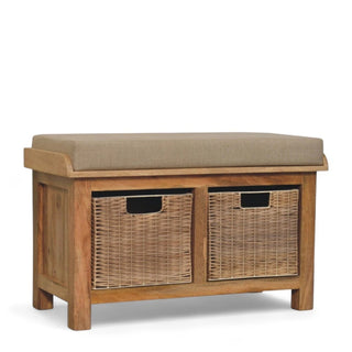Mid-Century Modern Linen Storage Bench with Rattan Baskets