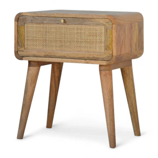 Mid-Century Solid Wood Nightstand | Woven Rattan Drawer