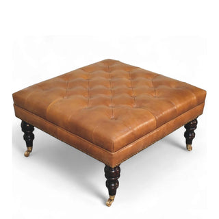 Studded Buffalo Tan Leather Ottoman with Castor Legs