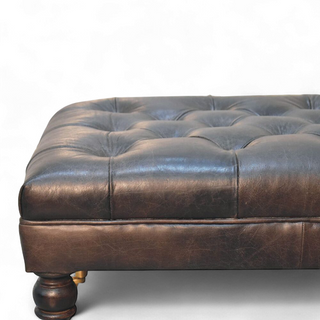 Buffalo Ash Black Leather Ottoman with Castor Legs