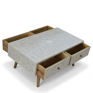 Light Taupe Floral Bone Inlay Coffee Table | Handmade