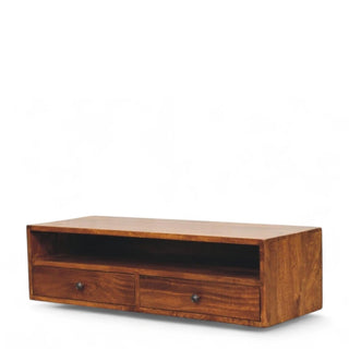 Mid-Century Modern Chestnut Wall-Mounted TV Stand with Drawers