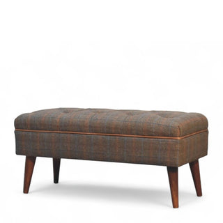 Mid-Century Modern Tweed Upholstered Bench with Leather Piping