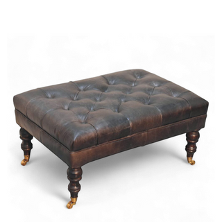 Buffalo Ash Black Leather Ottoman with Castor Legs