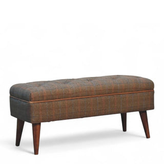 Mid-Century Modern Tweed Upholstered Bench with Leather Piping