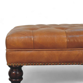 Studded Buffalo Tan Leather Ottoman with Castor Legs