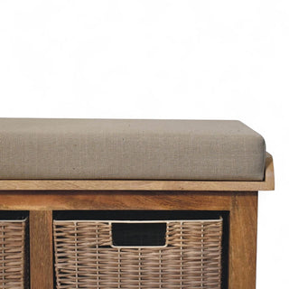 Mid-Century Modern Linen Storage Bench with Rattan Baskets