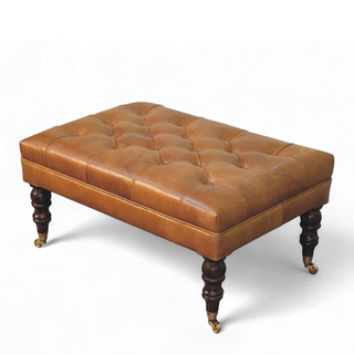 California Walnut Buffalo Green Leather Ottoman with Castor Legs