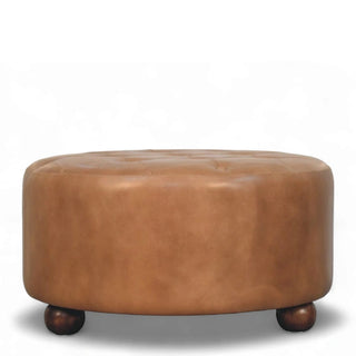 Brown Buffalo Hide Leather Round Ottoman