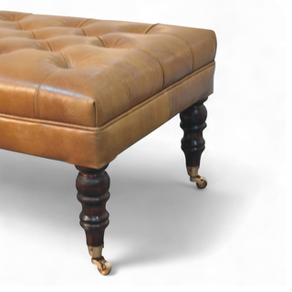 California Walnut Buffalo Green Leather Ottoman with Castor Legs