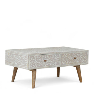 Light Taupe Floral Bone Inlay Coffee Table | Handmade