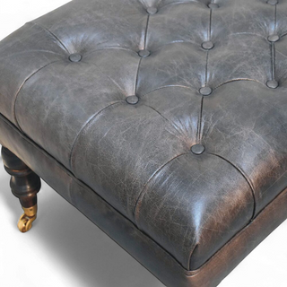 Buffalo Ash Black Leather Ottoman with Castor Legs