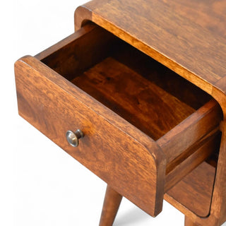 Mid-century modern solid wood nightstand with two drawers, bedside table view