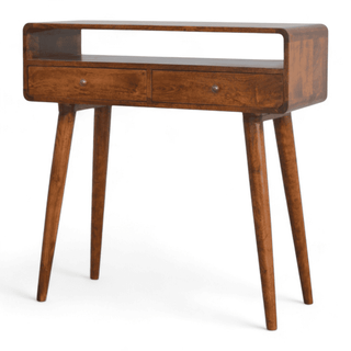 Front view of a mid-century modern console table featuring an open shelf and two drawers in a rich chestnut finish.