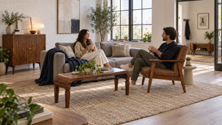 A man and a woman sit and converse in a bright, modern living room. The woman is seated on a gray sectional sofa wearing a beige cardigan and white pants, holding a mug.