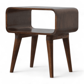 Angled front-left view of the mid-century modern open-design side table showing its seamless edges and minimalist open frame.
