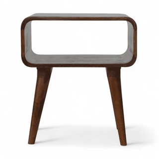 Front view of mid-century modern open-design side table with a rectangular frame and Nordic-style legs in chestnut finish.