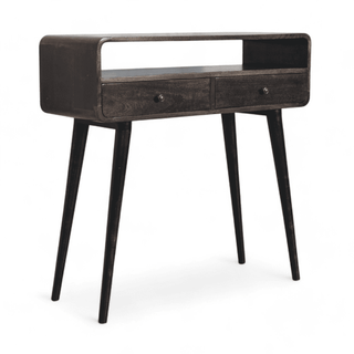 Side angle of an espresso-finished console table with a curved open-top shelf and tapered wooden legs.