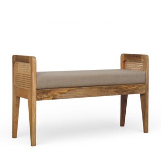 Rattan Bench Raised Cane Side Panels Mud Linen Seat Natural Rattan