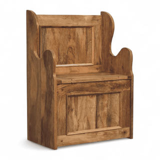 Natural-toned panelled settle bench with curved wing sides shown at a front three-quarter angle