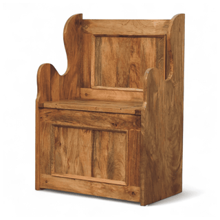 High-backed natural mango wood settle bench with panelled base shown from the opposite three-quarter angle