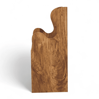 Side profile of a natural mango wood settle bench showing the curved wing side and high panelled back silhouette