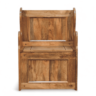 Natural-toned mango wood settle bench with high panelled back, wing sides, and lift-up storage seat, front view