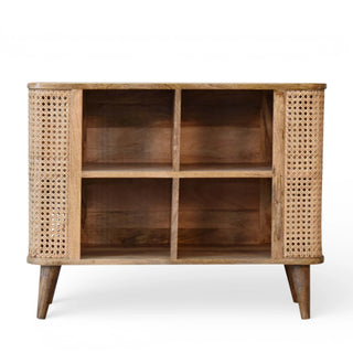 Larissa Rattan Sideboard Open Double Cabinet 4 Compartment Grid Cane Columns Natural Rattan