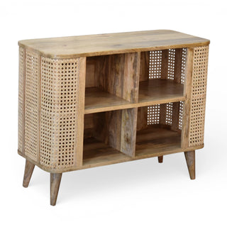 Larissa Rattan Sideboard Open Double Cabinet 4 Compartment Grid Cane Columns Natural Rattan