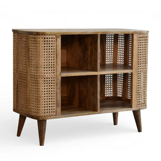 Larissa Rattan Sideboard Open Double Cabinet 4 Compartment Grid Cane Columns Natural Rattan