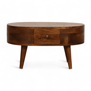 Front view of a mid-century modern oval coffee table with a centered drawer in a warm chestnut finish.