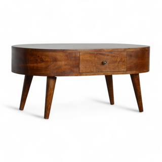 Angled front-right view of the oval wooden coffee table showcasing its smooth finish, central drawer, and mid-century modern tapered legs."
