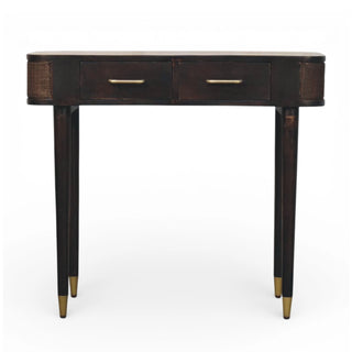 Belmont Rattan Console Table Woven Side Panels 2 Drawers Brass-Capped Legs Natural Rattan