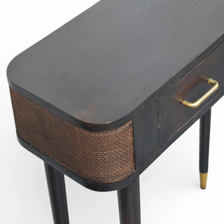 Belmont Rattan Console Table Woven Side Panels 2 Drawers Brass-Capped Legs Natural Rattan