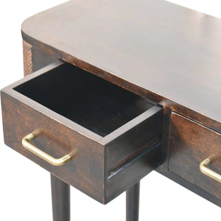 Belmont Rattan Console Table Woven Side Panels 2 Drawers Brass-Capped Legs Natural Rattan