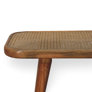 Larissa Rattan Bench Woven Cane Top Rounded Corners Splayed Legs Natural Rattan