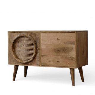 Larissa Rattan Sideboard Circular Cane Porthole Panel 3 Drawers Natural Rattan