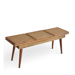 Larissa Rattan Bench Tri-Panel Cane Top Nordic Legs Natural Rattan