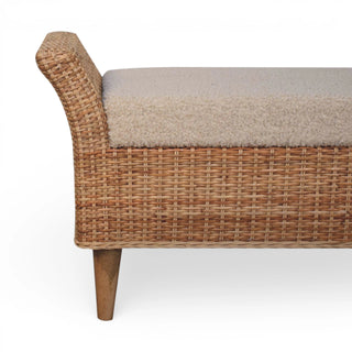 Riviera Rattan Bench Wicker Wrap Curved Armrests Cream Boucle Natural Rattan