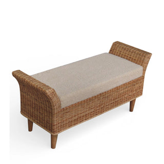 Riviera Rattan Bench Wicker Wrap Curved Armrests Cream Boucle Natural Rattan