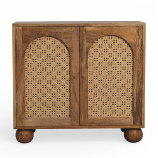 Rattan Sideboard Arch Cane Double Doors Chunky Ball Feet Brass Knobs Natural Rattan