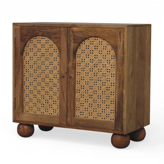 Rattan Sideboard Arch Cane Double Doors Chunky Ball Feet Brass Knobs Natural Rattan